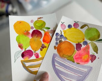 2 acuarelas originales de frutero de color amarillo rosado y acuarela suelta