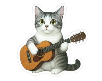 Leo the Cat Playing Guitar Kiss-Cut Stickers | Silver Tabby American Shorthair, Guitar Lover