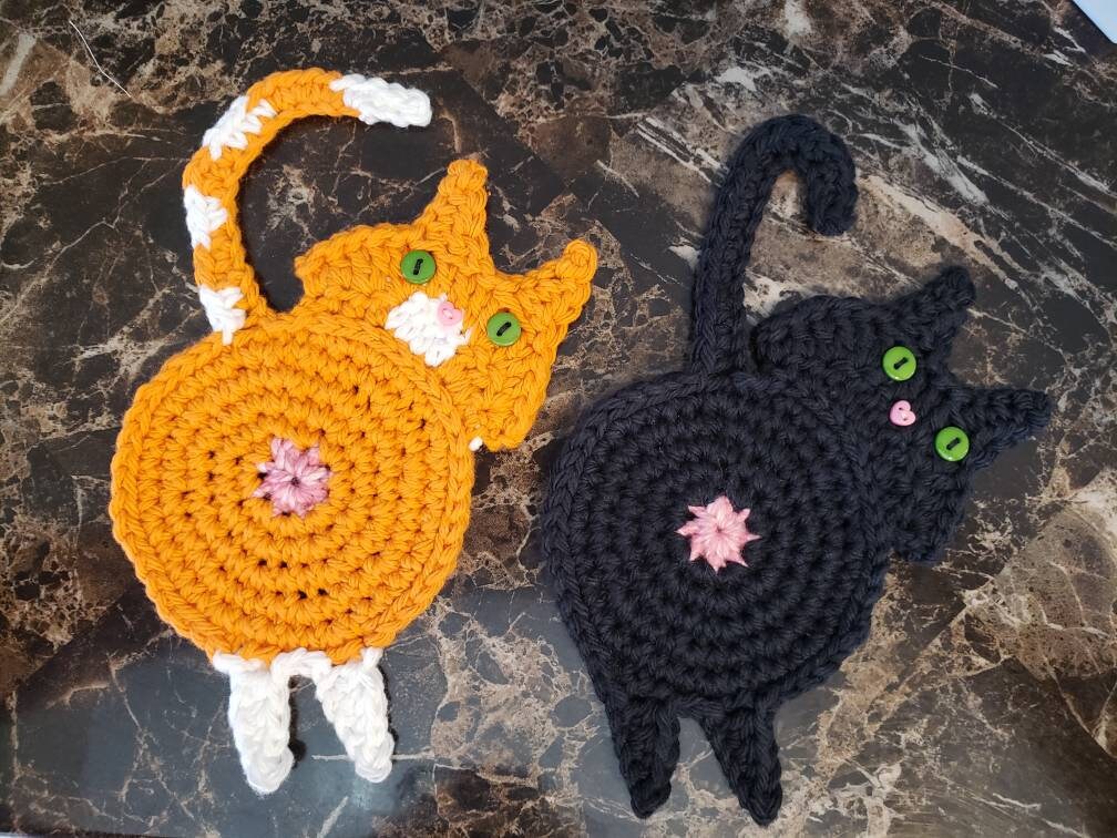  Cat Coasters, Peek A Boo Cat Butt Coasters, Crochet