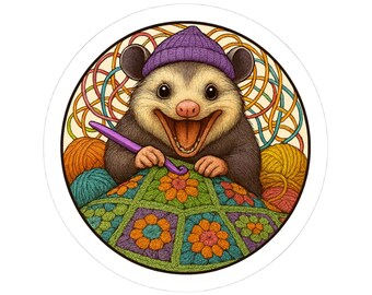 Happy Opossum with Colorful Granny Square Crochet Blanket Kiss-Cut Stickers