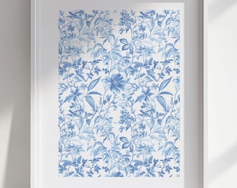 Niebieski Toile du Jouy Print, kwiatowa grafika ścienna Chinoiserie (pobieranie cyfrowe)