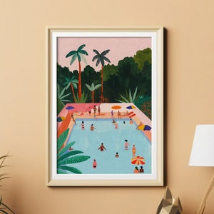 Jungle Pool Party Print, Minimalist Artwork, People Swimming, Tropical Vacation Wall Art, Summer Holiday Painting, Digital Download