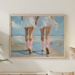 Stampa della stanza del dormitorio femminile da cowgirl costiera, stivali preppy alla moda, poster stampabile, decorazione artistica da parete Boho Beach, download digitale estetica blu rosa