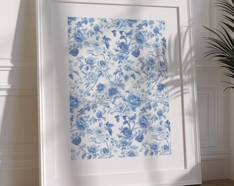 Niebieski Toile du Jouy Print, kwiatowa grafika ścienna Chinoiserie (pobieranie cyfrowe)