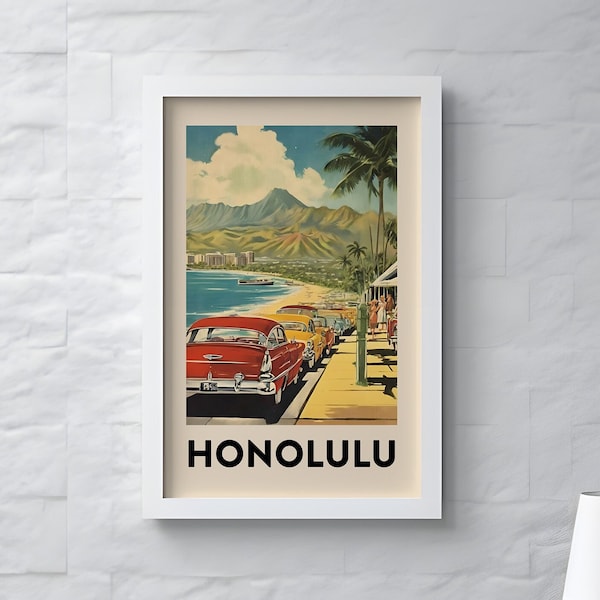 Honolulu Print | Hawaii Wall Art | Travel Poster | Summer Art | Beach Print | Printable Artwork | Vacation | Retro Art | Digital Download