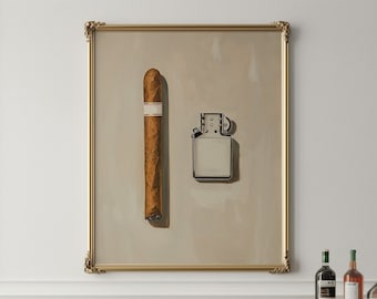 May include: A framed painting of a brown cigar and a silver lighter on a beige background. The painting is hanging on a white wall with gold trim. A gold bar cart with bottles of wine and liquor is in the foreground.