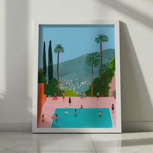 Pool Party Wall Art, Minimalist Gouache Painting, People Swimming, Vacation Print, Summer Holiday Vacation, Digital Download, Printable