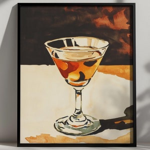 Wydruk akwarelowy koktajlu, wystrój Martini, sztuka ścienna na wózek barowy w stylu retro, modny plakat z alkoholem w akademiku, rysowany ręcznie, napoje kuchenne, pobieranie cyfrowe