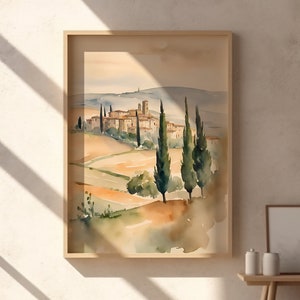 Impression de paysage de voyage en Italie en Toscane, aquarelle de l'Italie, décoration cadeau, peinture de carte postale de Sienne, art mural Europe, téléchargement numérique Amalfi