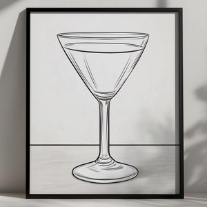 Trendy cocktailglasprint, mono-esthetiek, martini-decor, barwagen kunst aan de muur, alcoholposter, handgetekend, keukendrankjes, digitale download