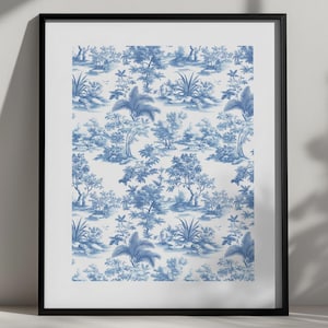Blue Toile du Jouy Print, Chinoiserie Plants Wall Art, Classic Exotic Retro Tropical Decor, Simple Floral Aesthetic Poster, Digital Download