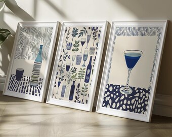 Blue Bar Cart Prints, Retro Cocktail Art Set (Digital Download)