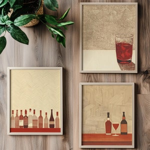 Rode esthetische set van 3 barwagenafdrukken, cocktaildecor, retro wijnkunst aan de muur, alcohol slaapzaalposter, handgetekende, keukendrankjes, afdrukbaar