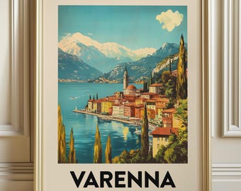Póster de viaje de Varenna, Italia, lámina artística del lago de Como, decoración de mediados de siglo (descarga digital)