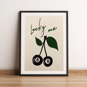 Lucky Me Cherry Eight Ball Print, 8 Ball Poster, Retro Food Wall Art, Trendy Vintage Print, Cherries Illustration, Mid Century Modern Decor