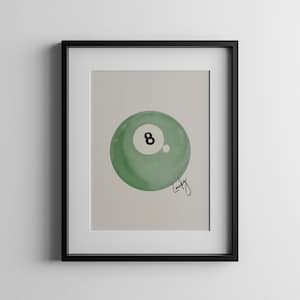 Groene Eight Ball-print, trendy 8-ball muurkunst, retro handgetekende slaapzaaldecor, Lucky Pool Ball-poster, vintage digitale download afdrukbare