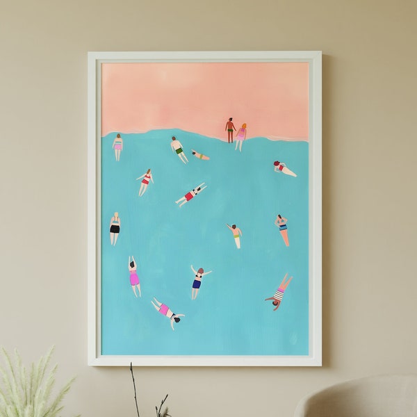 Ocean Swimmers Wall Art, Minimalist People Swimming, Gouache Painting, Vacation Print, Summer Holiday Vacation, Digital Download, Printable