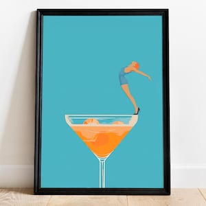 Arte de pared con carrito de bar con mujer en una inmersión en cócteles, decoración retro de Aperol Spritz, póster vintage de bebidas alcohólicas, impresión de bebidas de cocina, descarga digital