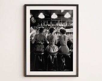 Women Drinking Cocktails Wall Art, Bar Cart Print, Black and White Poster, Three Friends Vintage Decor, Alcohol Photograph, Digital Download