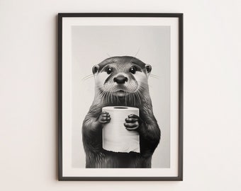 Cute Otter Bathroom Print, Toilet Paper Gouache Painting (Digital Download)