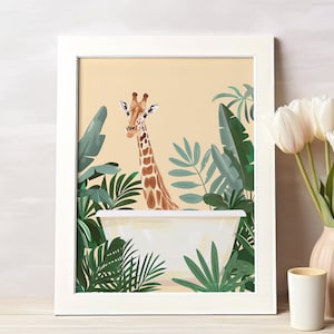 Giraffe in Bathtub Jungle Animal Painting, Maximalist Safari Artwork, Safari Wall Art, Botanical Bathroom Print, Tropical Bath Printable