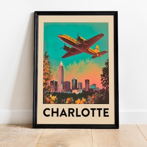 Charlotte Vintage Travel Poster, North Carolina Painting, Vacation Print, Retro Tourist Wall Art, Mid-Century Decor, Digital Download