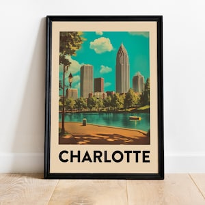 Póster de viaje de Charlotte, Carolina del Norte, pintura vintage, impresión de vacaciones, arte mural turístico retro, decoración de mediados de siglo, descarga digital