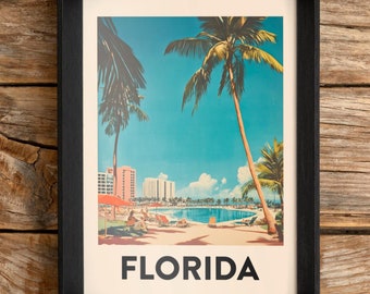 May include: A framed vintage postcard with a retro illustration of a beach scene in Florida. The postcard features palm trees, a pool, and the text "FLORIDA".