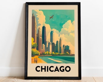Chicago Illinois Reise Poster, Vintage Skyline Kunst (Digitaler Download)
