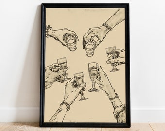 Puede incluir: Un dibujo en blanco y negro de cinco manos sosteniendo copas de vino y un vaso de chupito. El dibujo está sobre un fondo beige y enmarcado en un marco negro.