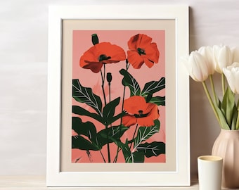Lámina artística de amapola roja, pintura de la flor de nacimiento de agosto (descarga digital)