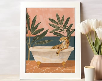 Leopard in Bathtub Art Print, Tropical Bathroom, Maximalist Jungle (Digital Download)