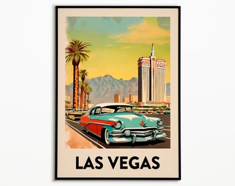 May include: A vintage travel poster featuring a turquoise and red car driving down a street in Las Vegas. Palm trees line the street and a tall building with the text "LAS VEGAS" is in the background. The poster has a retro, faded look.