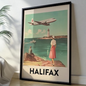 May include: Vintage travel poster with a black frame. The poster features a white airplane flying over a lighthouse and a body of water. The text "HALIFAX" is printed in black at the bottom of the poster.