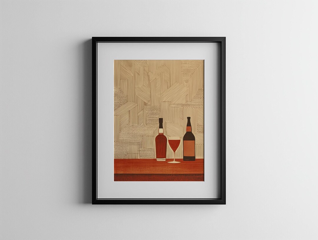 Red Aesthetic Wine Bottle Print, Bar Cart Wall Art, Martini Cocktail