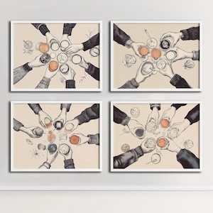Set van 4 Cheers-afdrukken, wanddecoratie barwagen, vintage cocktailposter, bord retro drankjes, trendy alcoholschetskunstwerk, digitale download