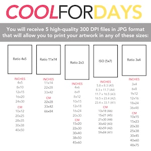 May include: A chart showing different print sizes for artwork in inches and centimeters. The chart includes ratios like 4x5, 11x14, 2x3, and 3x4, as well as ISO standard sizes like 5x7. The chart also includes the corresponding measurements in inches and centimeters for each size.