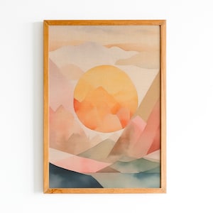 Colorful Minimalist Sunset Print, Zen Yellow Sun Poster, Landscape Sunrise Wall Art Decor, Boho Aura Sunshine Painting, Digital Download