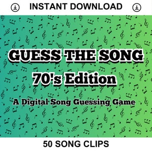 Op de afbeelding: Een digitale gamecover met een groene en blauwe gradiënt achtergrond. De achtergrond is bedekt met zwarte muzieknoten. De tekst "GUESS THE SONG 70's Edition" staat in zwarte vetgedrukte letters. De tekst "A Digital Song Guessing Game" staat in zwarte letters. De tekst "50 SONG CLIPS" staat in zwarte letters onderaan de afbeelding.