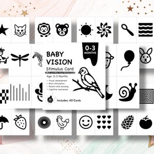 Cartes de stimulation visuelle noir et blanc pour bébé, cartes mémoire imprimables à contraste élevé pour nouveau-nés de 0 à 3 mois, téléchargement numérique, Montessori