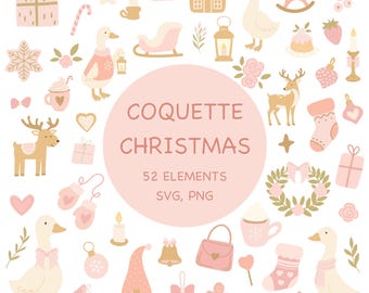 Coquette Christmas Clipart Bundle PNG SVG 52 Elements | Digital Download
