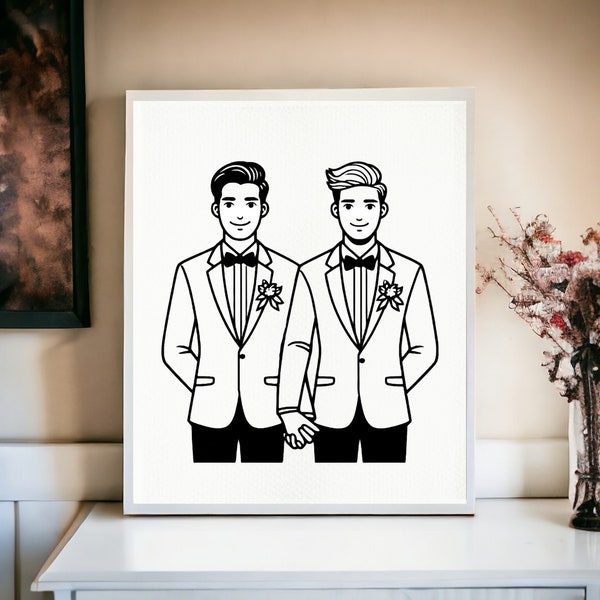 Versatile SVG Same-Sex Couple Illustration, Customizable Gay Wedding Art, Tattoo Sketch, Greeting Card Design, Digital Download