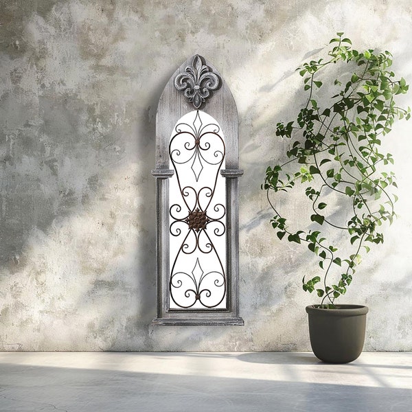 Vintage Arched Window Frame Wall Decoration Openwork Wall Decor Metal Wall Decor Wooden Wall Decor Rustic Wood Frame Entryway Decor.