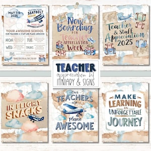 Puede incluir: Un kit de agradecimiento para profesores imprimible con un tema de viaje. Los letreros incluyen "Abordando ahora para la semana de agradecimiento a los profesores", "Nuestros profesores son increíbles", "Snacks en vuelo", "Hacer del aprendizaje un viaje inolvidable" y "Agradecimiento a los profesores y al personal 2025".