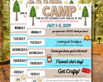 May include: A printable poster for a school event called "Camp" with a brown and white camper van illustration. The poster lists daily activities for the event, including a s'mores bar, lumberjack breakfast, donut day, flannel shirt day, and a craft activity. The event is sponsored by the Kennedy Middle School PTA.