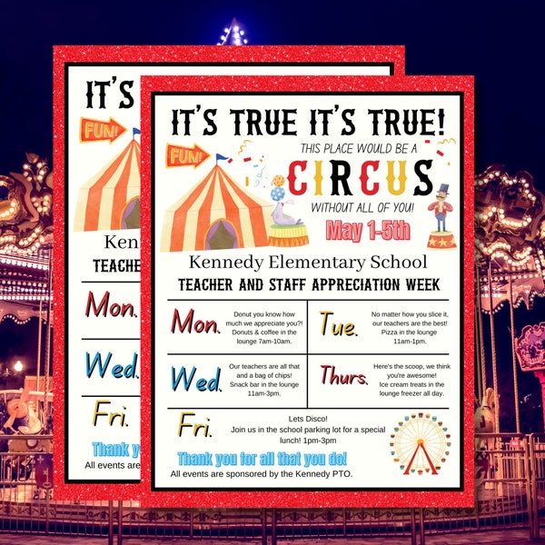 Circus Theme Teacher and Staff Week Itinerary | Teacher Appreciation Week Theme | Teacher Appreciation Template | Big TOP