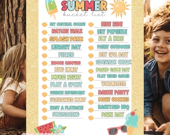 May include: A printable summer bucket list with a gold glitter background and colorful illustrations of a popsicle, ice cream cone, and a sun. The list includes activities like bike ride, DIY popsicle, fly a kite, paint outdoors, and more.