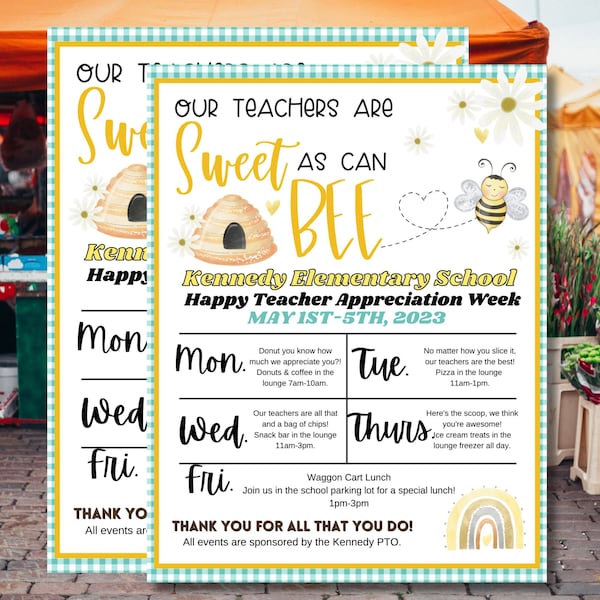 Sweet as can BEE Teacher and Staff Week Itinerary | Teacher Appreciation Week Theme | Teacher Appreciation Template | Bee themed