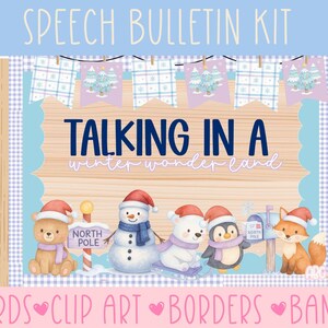 Peut inclure: Un kit de bulletin d'expression sur le thème du pays des merveilles hivernal. Le design présente un fond en bois avec le texte "TALKING IN A winter wonderland". De charmants animaux de dessins animés, dont un ours, un bonhomme de neige, un ours polaire, un pingouin et un renard, sont inclus.