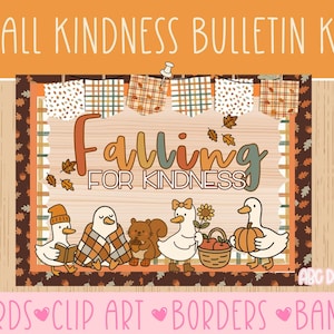 Op de afbeelding: Een herfstthema prikbordkit met de tekst "Fall Kindness Bulletin Kit". Het ontwerp toont cartoon eenden, een eekhoorn en de zin "Falling for Kindness". Inclusief banners, randen, clip art en woorden.